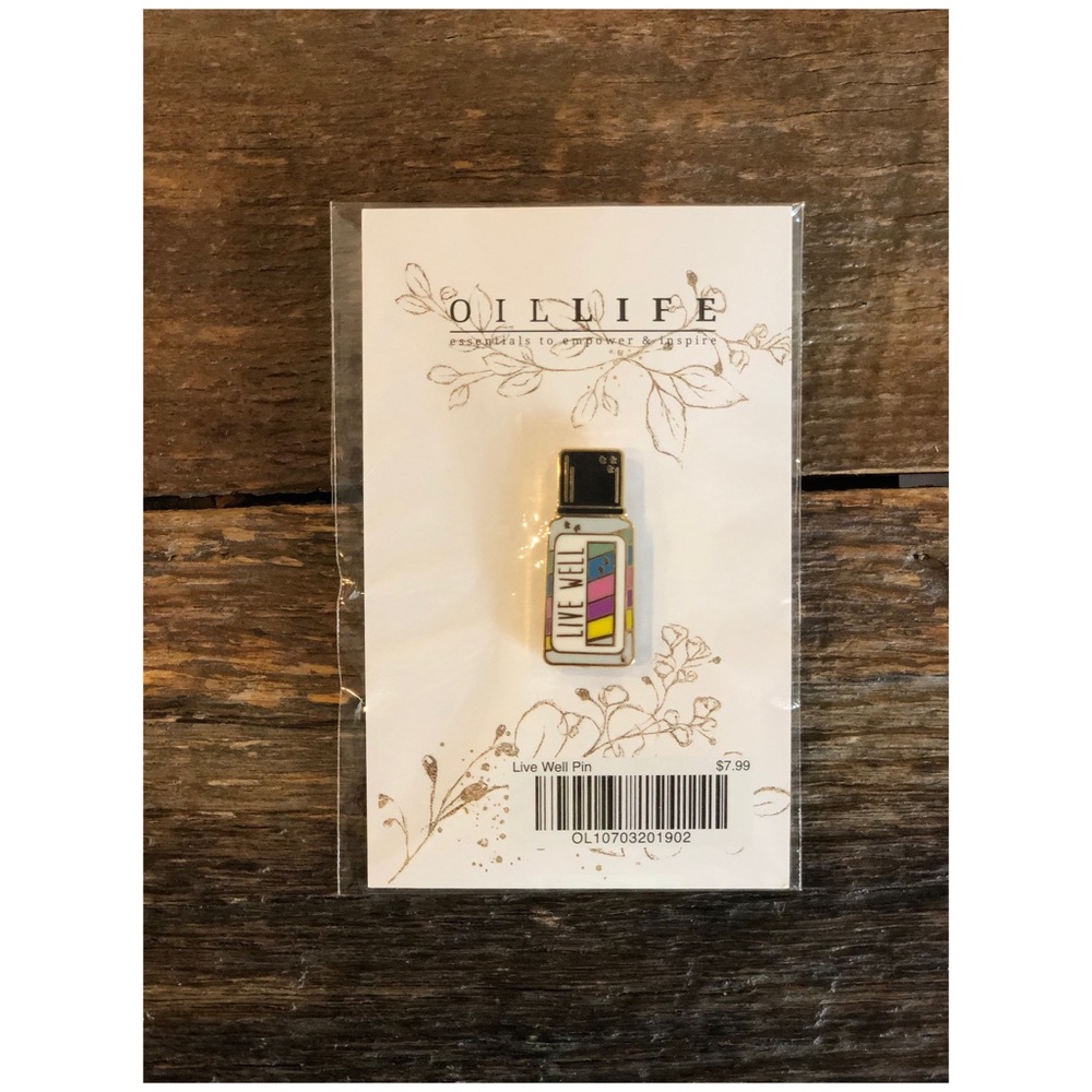 Essential oil bottle pin by OILLIFE, " Live Well"